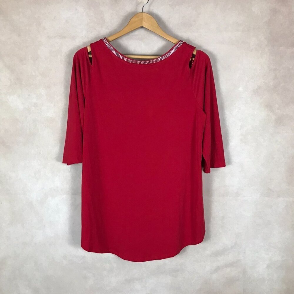 JM COLLECTION Red Cold-Shoulder Studded Knit Top NEW 0X - Picture 14 of 14